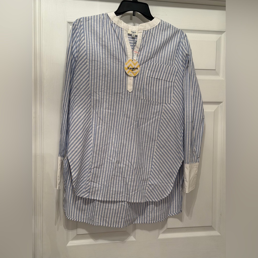 Striped Blue & White Button-Front Tunic Top